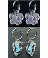 1 PAIR Spring Clip-On Butterfly Dangle Earrings:Blue or Clear Rhinestone... - £3.13 GBP