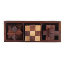 Sheesham wood/Rosewood set of 3 Puzzle game (Snake cube, Star, Interlocking) box - £73.74 GBP