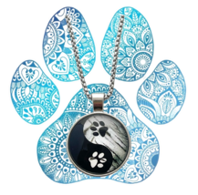 Yin Yang Paw Prints Necklace Glass Cabochon Stainless Steel 24 Inch Link Chain - £22.17 GBP