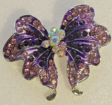  Buttery Papillon Fashion Brooch Pin Silver-Tone &amp; Purple Crystals Small 2&quot; - £23.83 GBP