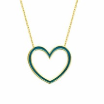 14K Solid Yellow Gold Heart Blue Enamel Open Adjustable Necklace 16&quot;-18&quot; - £235.15 GBP