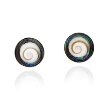 Modish Round Rainbow Abalone Shell Swirl Shiva .925 Silver Post Earrings - £15.56 GBP