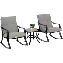 Outdoor 3-Piece Patio Furniture Table Rocking Chairs Set with Grey Cushions - $6,173.88 MXN