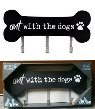 Belle Maison Out With The Dogs Hooks-Black Wooden Wall Paw print Bone Plaque New - £12.80 GBP