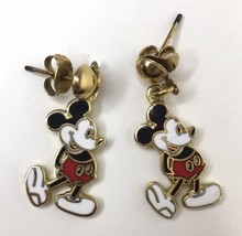 Vintage Walt Disney Productions MICKEY MOUSE Earrings Gold Tone &amp; Enamel Dangle - £10.45 GBP