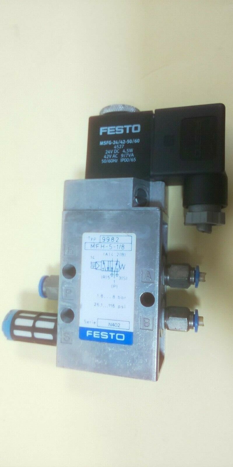 Festo MSFG-24/42-50/60 Solenoid Coil With 9982 MFH-5-1 / 8 Solenoid Valve - $31.89