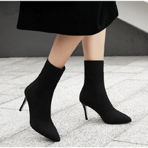 W autumn winter women boots solid knitting thin high heel ankle boot ladies pointed toe thumb200