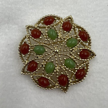 Vintage Signed Sarah Cov Coventry Brooch Pin Gold Tone Green Red Rhinestone - £8.73 GBP