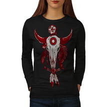 Indian Buffalo Skull Tee Feather Women Long Sleeve T-shirt - £11.98 GBP