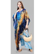 Indian Printed Feather Silk Midnight Blue Maxi Kaftan Dress Women Nightwear - $32.47