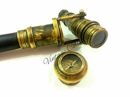 Victorian Spy Telescope &amp; Antique Compass Brass Handle Wooden Walking st... - £35.25 GBP