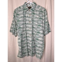 Vintage 1990s Flyshacker Green Boxy Angling Outdoorsy Grandpa Fish Print Shirt L - £25.78 GBP