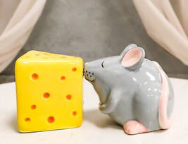 Grey Rat Mouse And Cheddar Cheese Block Ceramic Salt And Pepper Shakers Set - £13.36 GBP