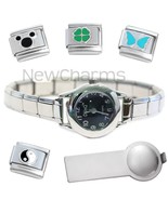 Black Round Italian Charm Watch with Bracelet Plus Tool &amp; Stainless Stee... - $343.43 MXN