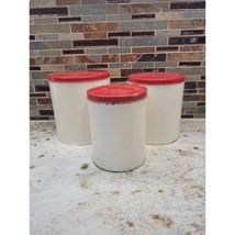 3 Vintage Canisters, Metal Kitchen Tins Red &amp; Cream Farmhouse Primitive - £19.11 GBP