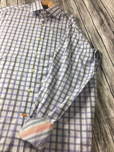 Thomas Dean Long Sleeve Button Down Dress Shirt Purple White Size Large - $13.98