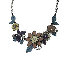 Enamel Pastel Flower Butterfly Necklace Multicolor Floral Design W Rhinestones - £10.11 GBP