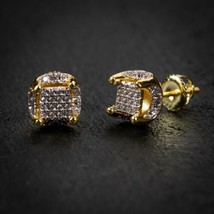 Uomo Diamanti Finti Quadrato Orecchini a Lobo a Grappolo 14K Placcato Oro Giallo - £41.09 GBP