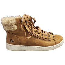 Ugg Olive Hightop Sneakers Shoes Womens Size 7 Tan Leather Lace Up Side Zipper - £35.62 GBP