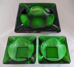 Lot (3 pcs) Vintage Forest Green Square Glass Ashtrays:  1 Large, 2 Small - £15.58 GBP