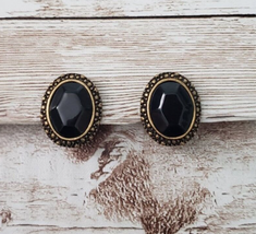 Vintage Clip On Earrings - Black Faceted Gem with Ornate Halo - £11.06 GBP