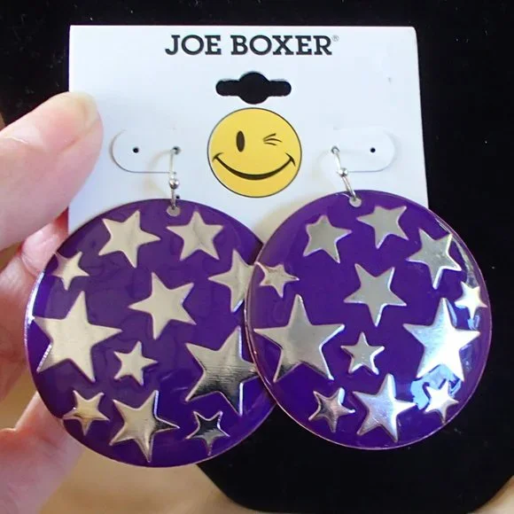 Joe Boxer Celestial Stars New Round Disc Earrings Purple Silver New - £7.97 GBP