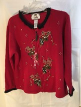 TIARA International Sz M Reindeer  Knit Sweater Christmas Red Zip Up Cardigan - £12.09 GBP