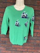 Talbots Green Sweater Small Petite Blue Fish Pullover Cardigan 3/4 Sleev... - £13.45 GBP