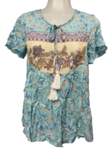 Turquoise Floral Ruffle Sleeve Notched Neck Top Women's S New - $8.54
