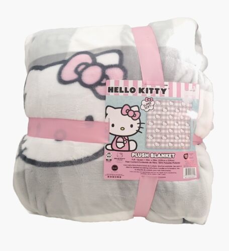 Hello Kitty Plush Throw Blanket Grey With Pink Bow FULL/QUEEN 90 X 90 Sanrio - £54.74 GBP