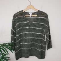 Chico&#39;s | Olive Green &amp; Silver Stripe Open Knit Sweater, Chico&#39;s size 2 or large - £16.37 GBP