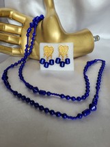 Vintage Cobalt Blue Glass Bead Necklace &amp; Blue Heart Lucite Clip on Earr... - £28.07 GBP