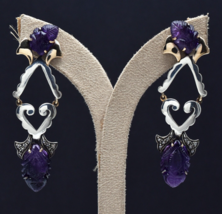 Feiner natürlicher Amethyst gravierter Diamant 18 K Gold Silber... - $546.41