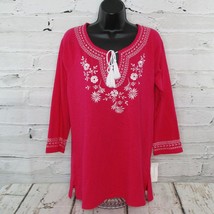 Charter Club Womens Small Embroidered Boho Peasant Tunic Top Blouse Pink White - £11.68 GBP