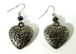 Ornate Silver Tone Etched Puffy Heart Dangle Earrings AB Style Bead Accents - £8.64 GBP
