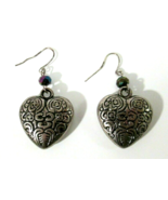 Ornate Silver Tone Etched Puffy Heart Dangle Earrings AB Style Bead Accents - £8.62 GBP