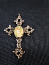 Vtg Gold Tone Cross Pendant W/ Marbled Floral Center Cabochon  Intricate... - $34.01 CAD