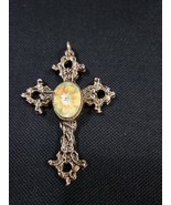 Vtg Gold Tone Cross Pendant W/ Marbled Floral Center Cabochon  Intricate... - $34.17 CAD