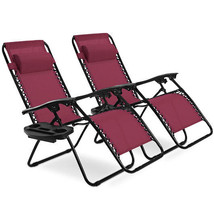 2 Pieces Folding Lounge Chair with Zero Gravity-Dark Red - Color: Dark Red - $147.80
