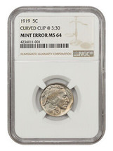 Mint Error: 1919 5c NGC MS64 (Curved Clip @ 3:30) - £308.91 GBP
