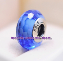 925 Sterling Silver Handmade Glass Bead Fascinating Blue Faceted Murano Glass Ch - $4.60