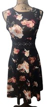 Homeyee Floral A-Line Dress Size L Black Sleeveless Lace Waistline Stretchy - $22.43