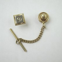 Vintage Monogram Letter D Tie Tack Lapel Pin Gold tone Chain Tie Bar Hic... - £7.95 GBP