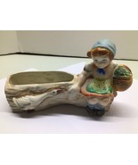 Girl with goose on log blue and orange vintage ceramic planter textured,... - $13.86