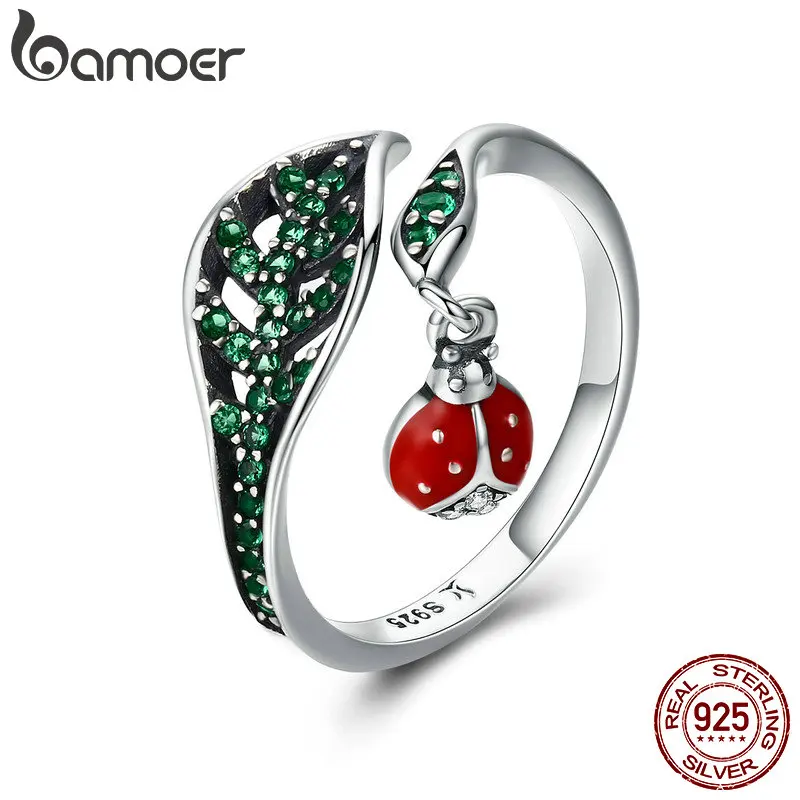 Ing silver resting ladybug dangle in tree leaves finger rings for women sterling silver thumb200