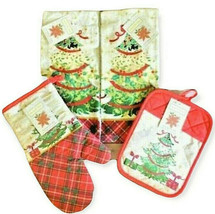 Christmas Tree Dish towels Pot holder Oven Mitt Appliqued Embroidered Se... - £19.48 GBP
