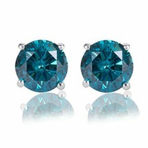 3.00 CT Round Simulated Blue Topaz 14K White Gold Plated Silver Stud Earrings - £80.01 GBP