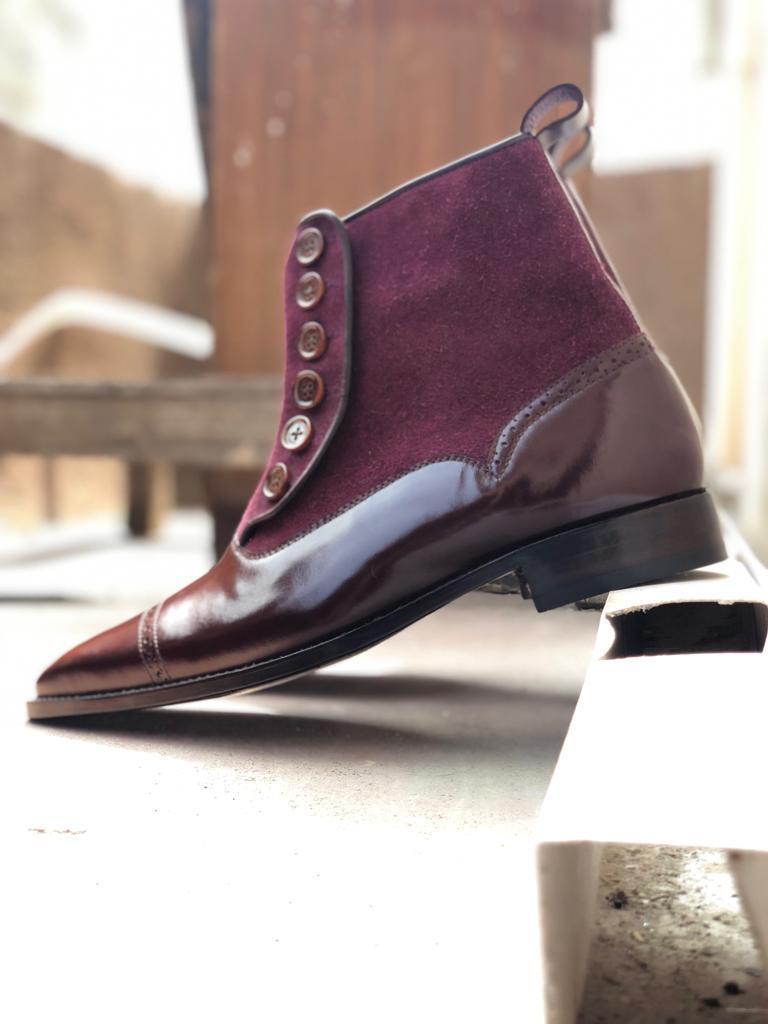 Men's Handmade Brown & Purple Leather & Suede Boots, Men Casual Ankle High Boot