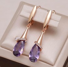NEW Fashion 585 Rose Gold Long Earrings for Women Water Drop Purple Natural Zirc - £11.64 GBP