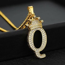 1.25Ct Real Moissanite Crown Initial Letter &quot;Q&quot; Pendant 14K Yellow Gold Plated - £104.62 GBP